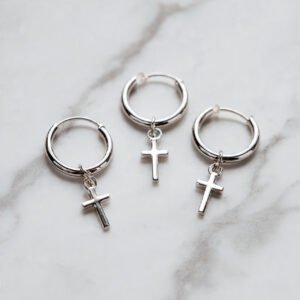 AROS ARGOLLA PLATA LISO CON CRUZ SET 6 PARES