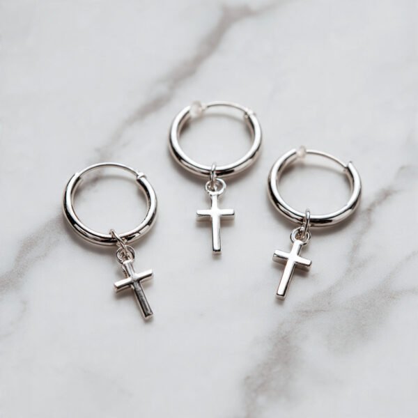 AROS ARGOLLA PLATA LISO CON CRUZ SET 6 PARES